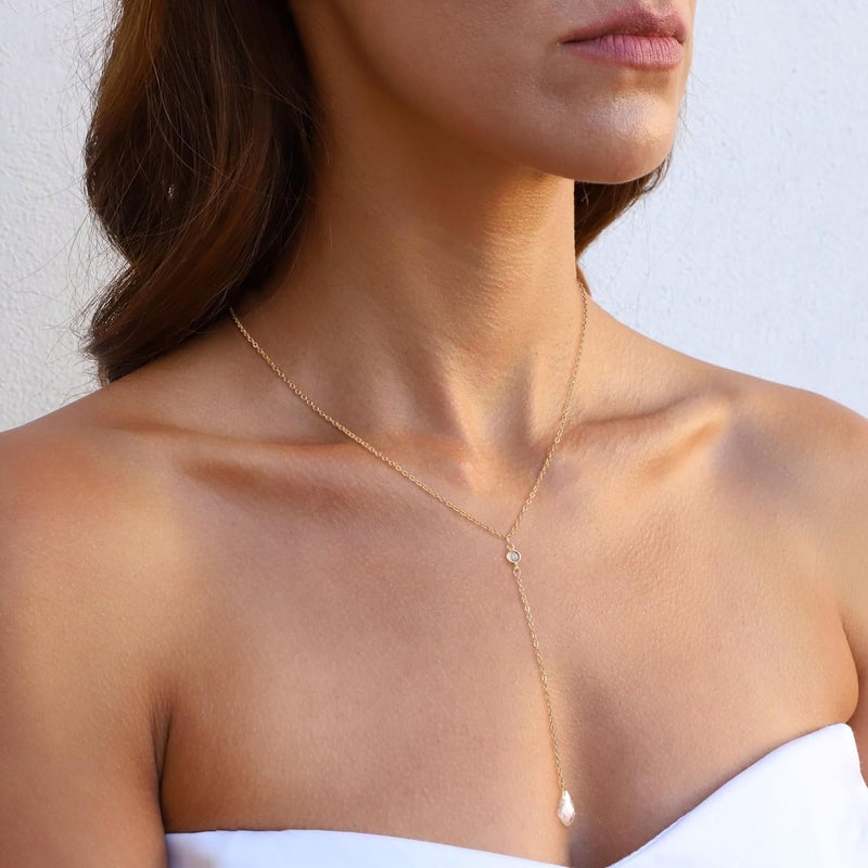 Pancert Gold Necklace for Women, Dainty Long Necklace 14k Gold Plated/Silver Y-Shaped Pendant Necklace Trendy Layered Cz Beaded Chain Lip chain Drop Necklaces for Women Gift Jewelry - Image 2